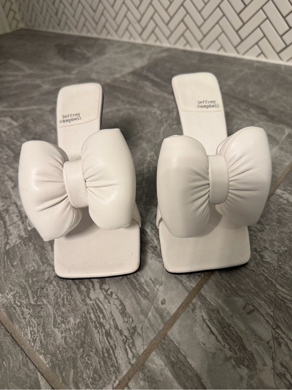 Jeffrey Campbell White Bow Square-Toe Slide Heels